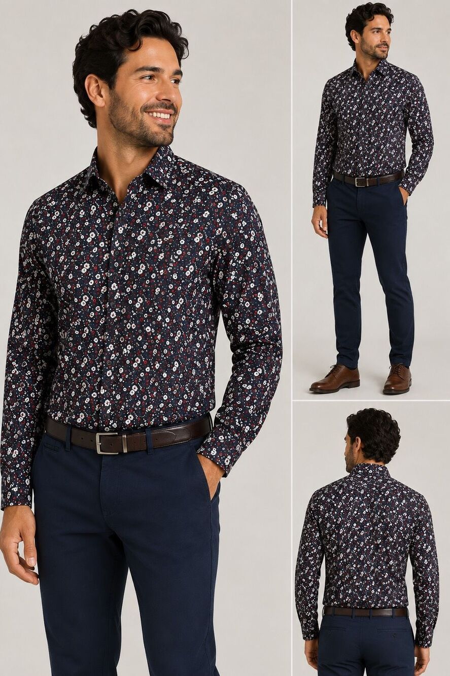 Denim & Flower Ricky Singh MEDIUM Black Floral 100% Cotton Button Down Shirt NEW